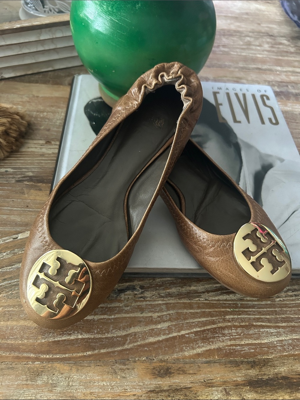 Tory Burch Tan Leather Logo Ballet Flats with Gold Medallions